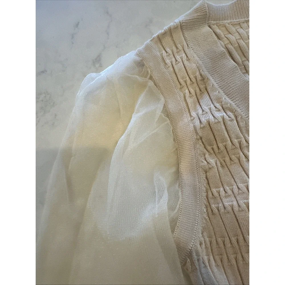 ANTHROPOLOGIE MAEVE Ivory XXS Sheer Organza Sleeve Textured Knit V-Neck Pullover